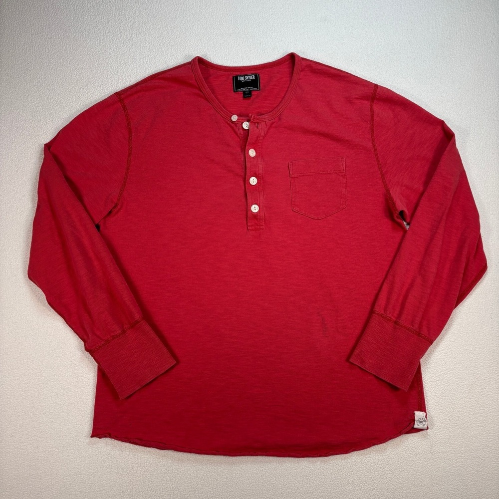 Todd Snyder Henley Shirt Men's L Red 100% Cotton Pocket Long Sleeve Canada *Hole